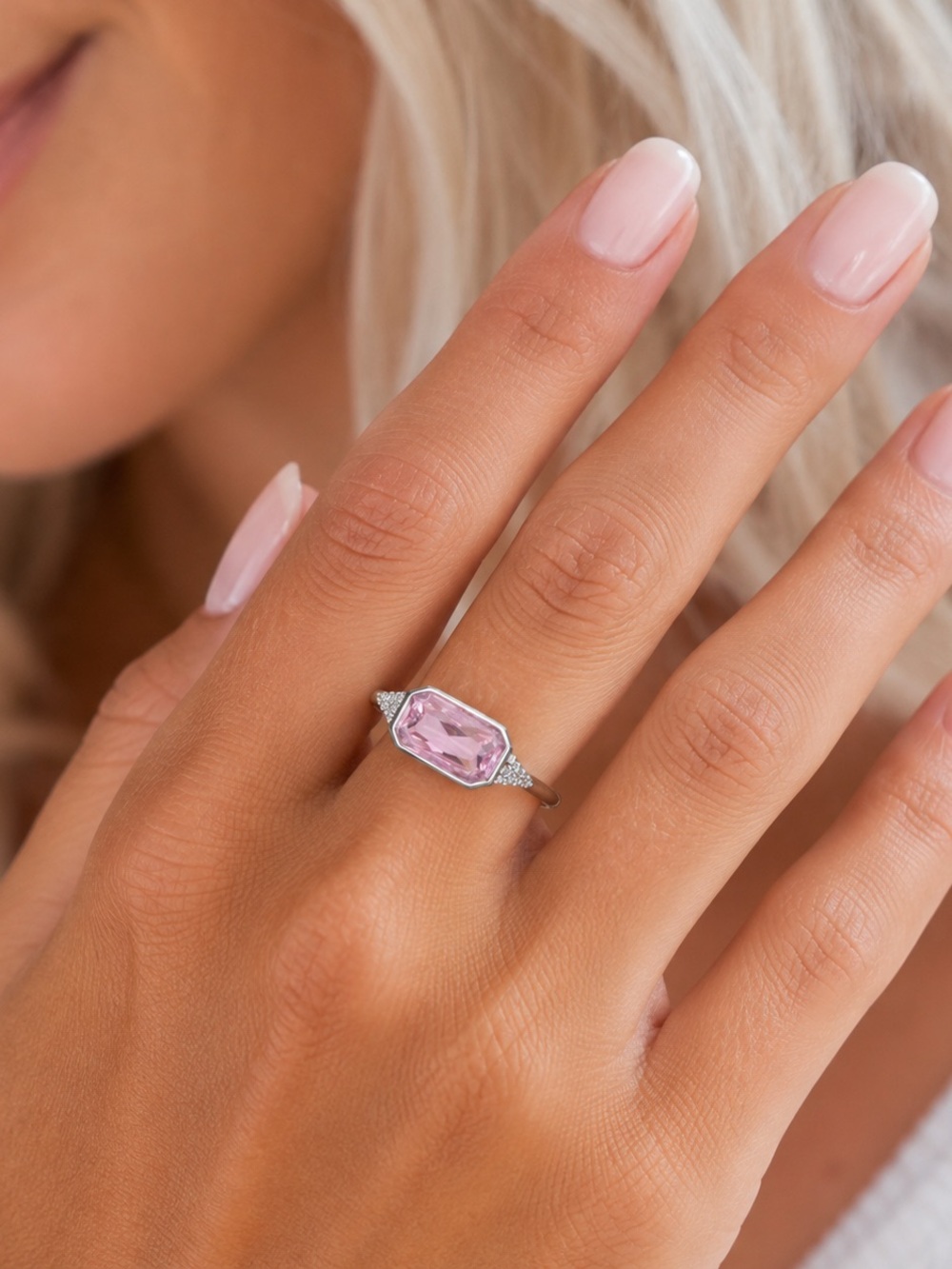 Rose Quartz Cubic Zirconia Rhodium Plated Octagon Bezel Statement Ring